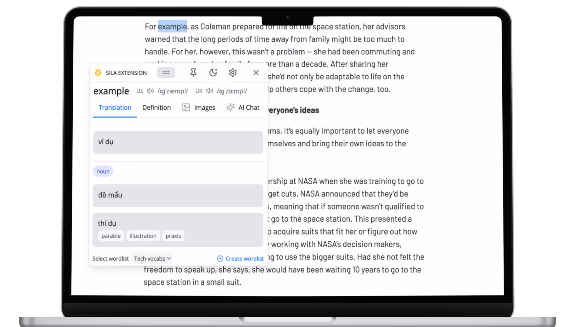 Sila browser extension interface showing translation features